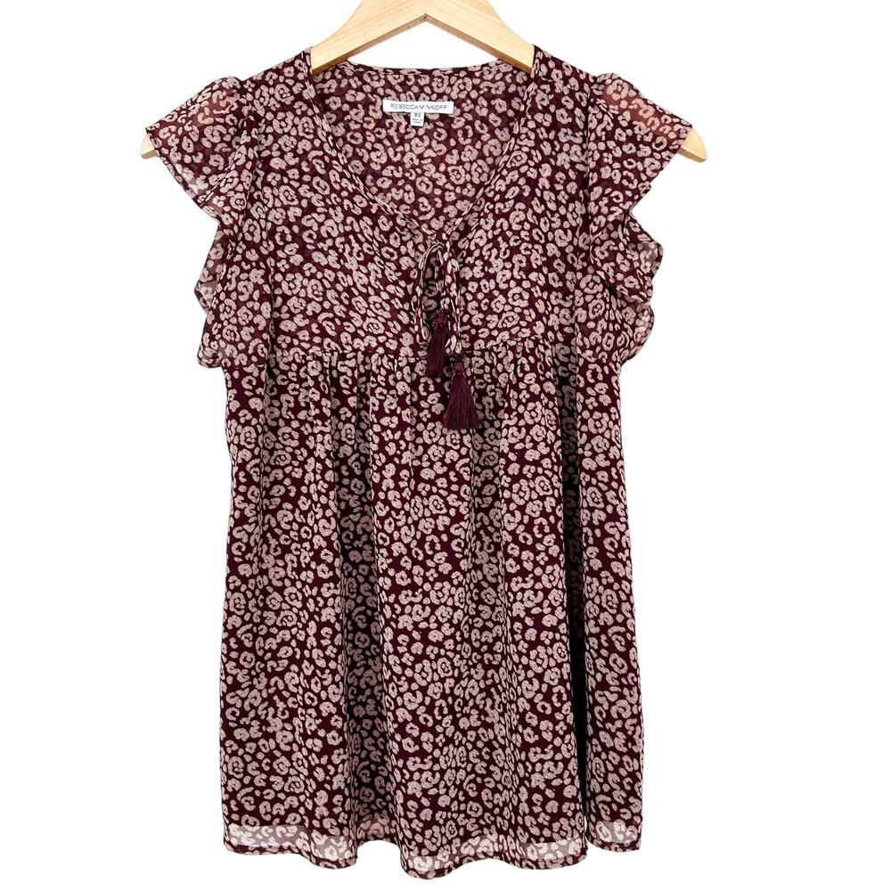 Rebecca Minkoff Maroon Printed Ruffle Blouse Sz XS